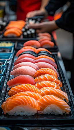 Freshly Made, Vibrant Sushi Platter on Display, Perfect for Restaurant Menus or Food Blogs.の素材