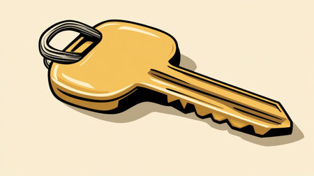 Cartoon Style Illustration of a Shiny Gold Metal Key with Round Head on Tan Backgroundの素材
