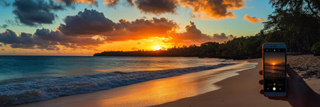 Capturing Tropical Sunset Silhouette Photography In Paradise With Cell Phone On The Beachの素材