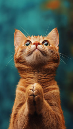 Adorable Ginger Cat with Paws Together on Blue Background, Perfect for Advertising with Copy Spaceの素材