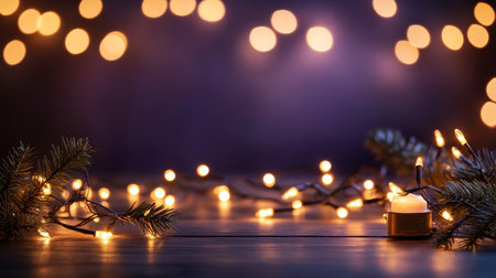 Warm Glowing Fairy Lights and Candle. Festive Bokeh Effect On Dark Blue Purple Copy Space Backgroundの素材