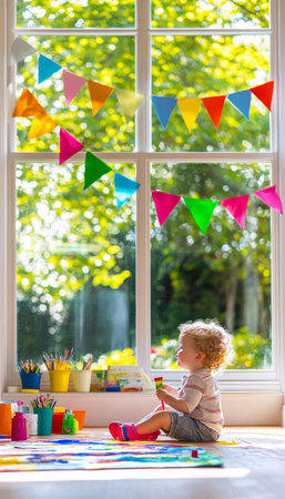 Creative Toddler Enjoys Arts, Crafts, And Painting On A Sunny Day With Colorful Decorationsの素材