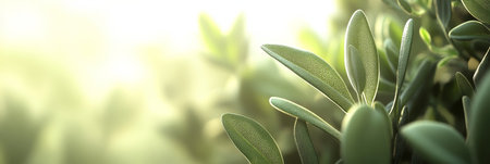 Sunlight Through Lush Green Aromatic Plant, Nature s Serenity Provides a Tranquil Background.の素材