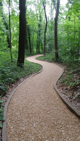 Winding Gravel Path Through a Lush Green Forest, An Invitation to Tranquil Nature Walksの素材
