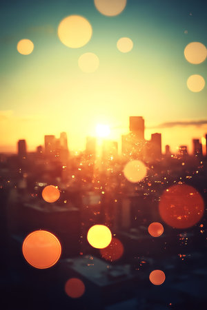 Warm Toned Bokeh Cityscape, Blurry Sunset With Colorful Gradient Light Overlay Effectの素材