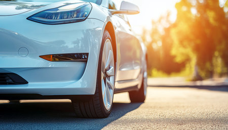 White electric car gleaming in sunlit urban environment, eco-friendly transportation concept.の素材