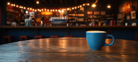 Cozy Cafe Ambiance with Festive Lights, Coffee Cup, and Blurred Background for Text or Banner.の素材
