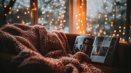 Cozy Winter Evening Open Photo Album And Warm Blanket On A Chair, Lights Bokeh Backgroundの素材