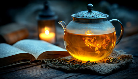 Steaming Cup of Herbal Tea with Open Book, and Warm Candlelight Cozy Evening Ambianceの素材