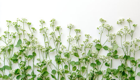 Delicate Spring Flowers Design Banner Soft Green Floral Arrangement on White With Copy Space.の素材