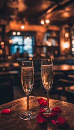 Romantic Celebration Two Champagne Glasses Adorned with Rose Petals in a Cozy Restaurant Ambiance.の素材