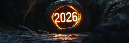 Mysterious Cave Entrance with Glowing Numbers 2026, Fog, and Rocks, New Year s Concept.の素材