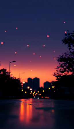 Silhouetted Cityscape in the Glowing Twilight with Bokeh Lights, Perfect for Text Overlayの素材
