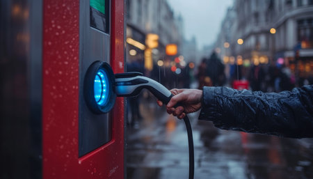 Electric Vehicle Charging in the City Hand Holds Cable at Public Station, Urban Sustainability.の素材