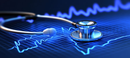 Stethoscope and Glowing Blue Line Chart on a Grid, Representing Healthcare Industry Growthの素材