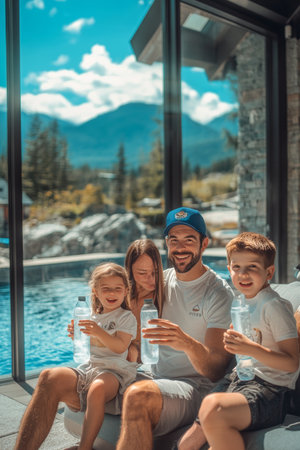 Happy Family of Four Enjoying Refreshing Drinks, Relaxing by the Pool with Scenic Mountain Viewsの素材