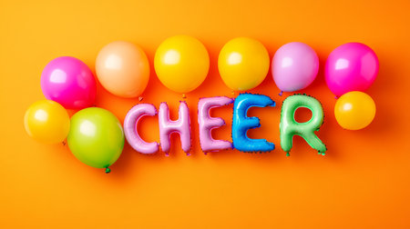 Cheerful Celebration Colorful Balloons Spell Out CHEER on Vibrant Orange Backgroundの素材