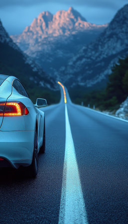 Electric Car on Open Road Embracing Sustainable Transportation in Stunning Landscapes.の素材