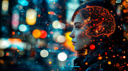 Illuminated Mind, Woman with Glowing Digital Brain Overlay, Mystical Technology Conceptの素材
