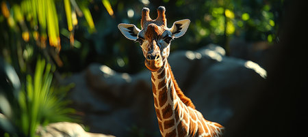 Curious Giraffe Calf Close-Up Portrait Exploring the Savanna s Warm Sunlight and Lush Greeneryの素材