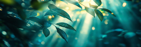 Sun Dappled Forest Canopy, Dreamy Backdrop With Bokeh And Light Rays, Serene Nature Sceneの素材