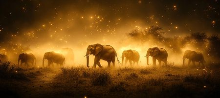 Herd of Elephants Walking Through Dust and Light, Wildlife Photography, Environmental Art.の素材