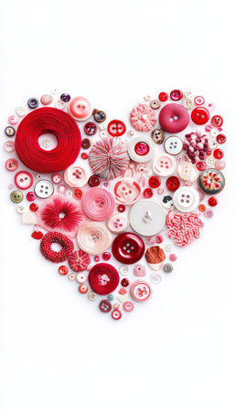 Red and Pink Buttons Arranged In A Heart Shape On Clean White Background, Valentine Designの素材