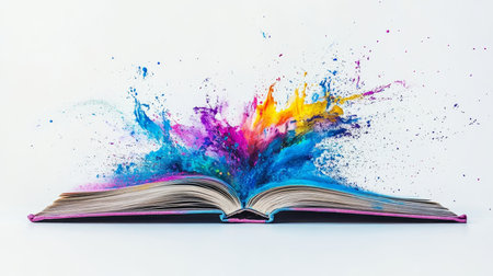 Open Book With Explosion Of Colorful Paint, Vibrant Colors, Dynamic Illustration, Creative Conceptの素材