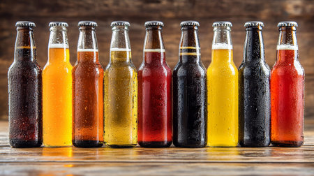 Refreshing Craft Beer Selection Nine Diverse Bottles on Rustic Wooden Table, Beverage Photographyの素材