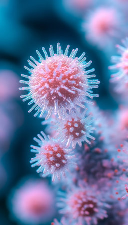 Microscopic View of Bacteria, or Virus Cells on an Abstract Blue and Pink Background.の素材