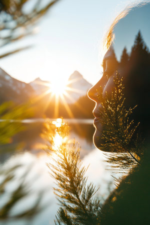 Woman At Peace, Mountains And Lake, Double Exposure, Serenity, Adventure, Beauty, Copy Spaceの素材