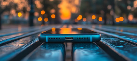 Sunset glow through trees framing a smartphone charging port close-up on a wooden surfaceの素材