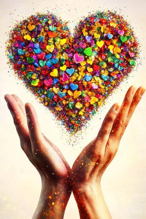 Sparkling Hearts of Hope Colorful Symbol of Charity, Support, and Love on Open Handsの素材