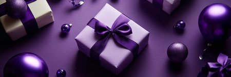 Elegant Purple Gift Boxes with Satin Ribbons and Sparkling Ornaments on Matching Backgroundの素材