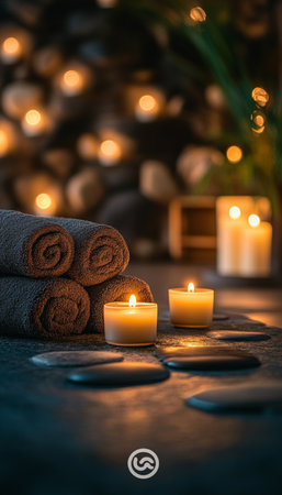 Spa Setting, Rolled Towels, Candles, And Stone Background For Relaxation And Wellness Conceptの素材