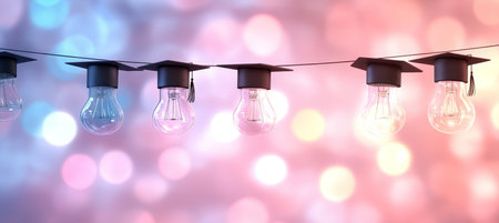 Concept Back To School, Education Light Bulbs With Graduation Caps On Abstract Background.の素材