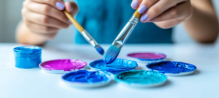 Colorful Paints and Brushes A Close-Up of a Vibrant Art Palette Sparking Creative Explorationの素材