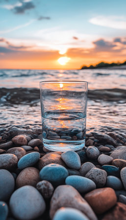 Glass of Water on Pebbles at Sunset. Reflection, Tranquility, Relaxation, Nature, Serenityの素材