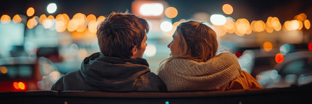 Couple at the drive-in movie theater. Cuddling couple enjoying a romantic date under the stars.の素材