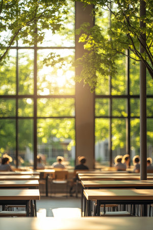 Bright Learning Space Cheerful Classroom with Natural Sunlight and Blurred Students Backgroundの素材