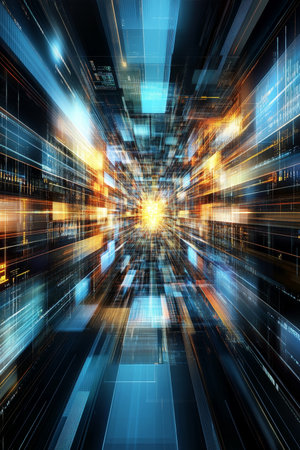 Futuristic Technology Cityscape, Blurred Motion Abstract Background with Light Beams for Marketingの素材