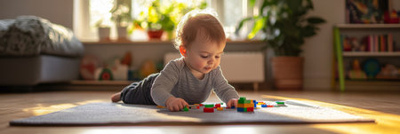 Baby Boy Engaged in Play With Colorful Building Blocks on a Soft Playmat in a Sunlit Roomの素材