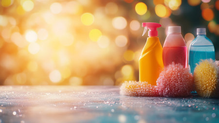 Colorful Cleaning Supplies Sparkle With Holiday Bokeh Background For Festive Cleaning Conceptsの素材
