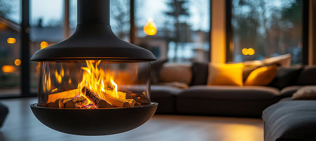 Modern Fireplace. Cozy Living Room with Burning Firewood in Contemporary Home. Warm Interior Design.の素材