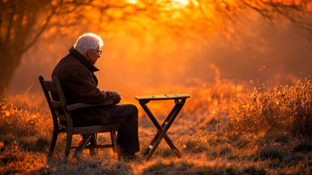 Golden Hour Reflections Solitary Senior Man Contemplates Life In Nature s Warm Embrace.の素材
