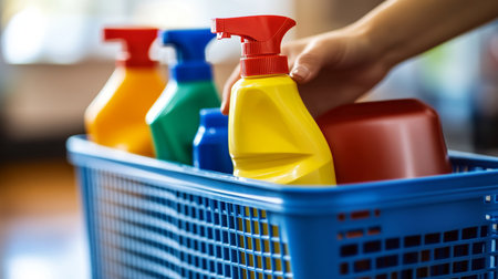 Household Chores Hand Selecting Cleaning Supplies From Caddy In Blurred Kitchen Backgroundの素材
