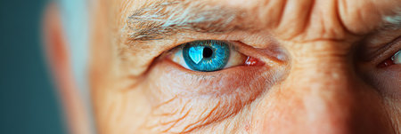 The Depth of Time Close-Up, Portrait Of An Elderly Man s Intense Stare with Vivid, Blue Eyes.の素材