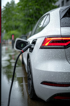 Modern Electric Car Charging at Public Station on Rainy Day, Sustainable Transportation Concept.の素材