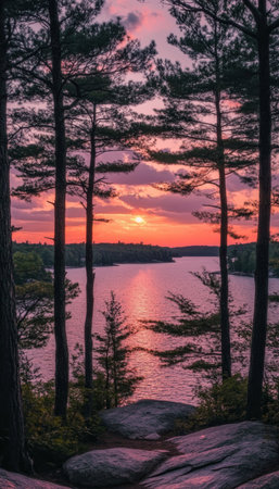 Serene Sunset over Tranquil Lake with Silhouetted Trees Framing a Scenic. Natural Landscape Viewの素材