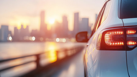 White car on the road with city skyline and sunset in the background. Urban transportation concept.の素材